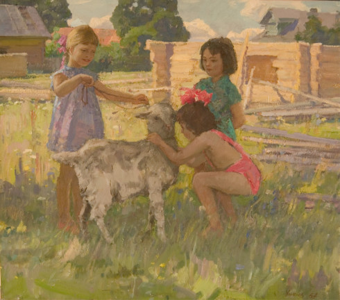 20th century russian realist painting Girls with Goat - Nikolai Ivanovich Ulyanov